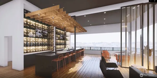 a view of a balcony with wooden floor