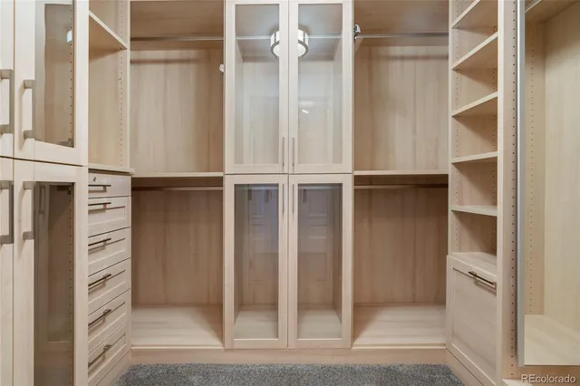 a view of walk in closet with empty racks