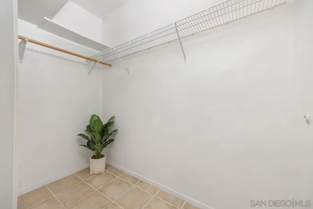 a white shower with a potted plant