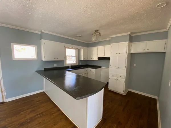 a kitchen with granite countertop a refrigerator and a stove top oven