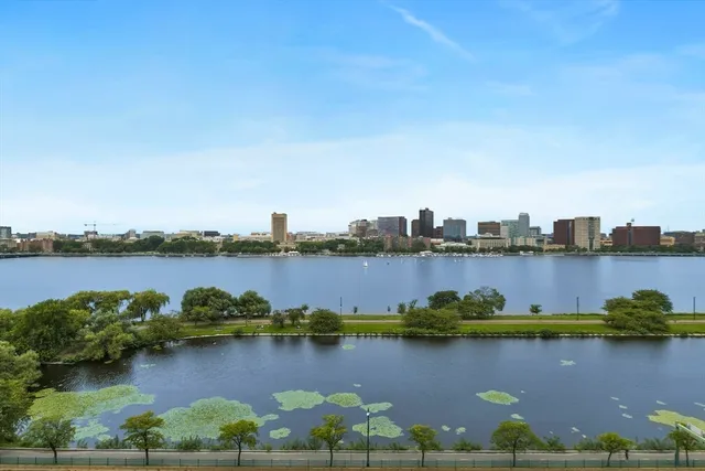an aerial view of a residential houses with outdoor space and lake view
