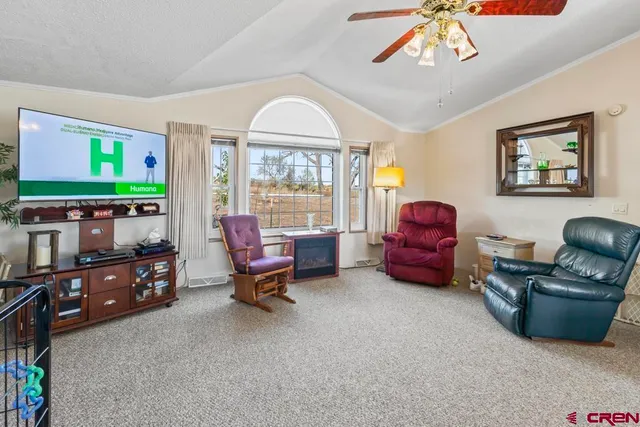 a living room with furniture toys and a flat screen tv
