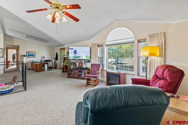 a living room with furniture a fireplace and a large window