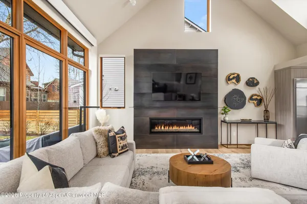 a living room with furniture and a fireplace
