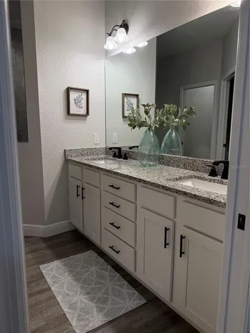a bathroom with a sink and a mirror