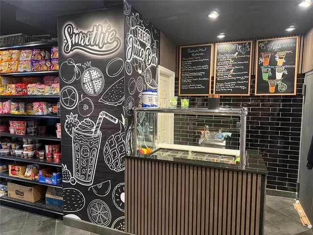 a view of an empty room with shelves