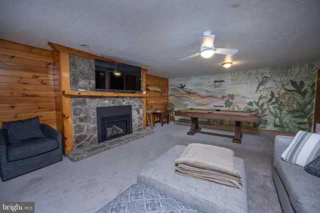 a living room with furniture a fireplace and a flat screen tv