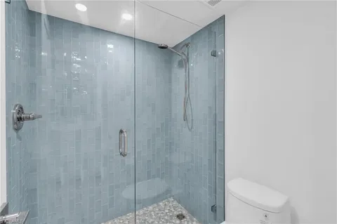 a bathroom with a shower and a toilet