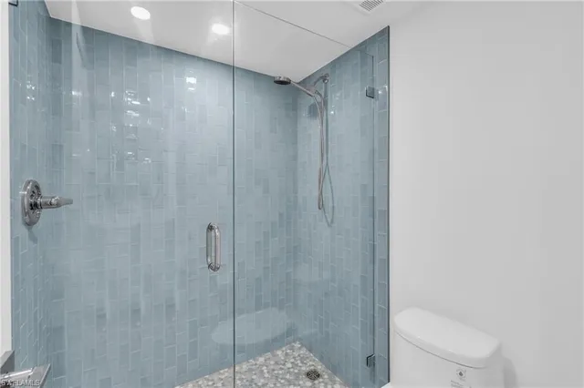 a bathroom with a shower and a toilet