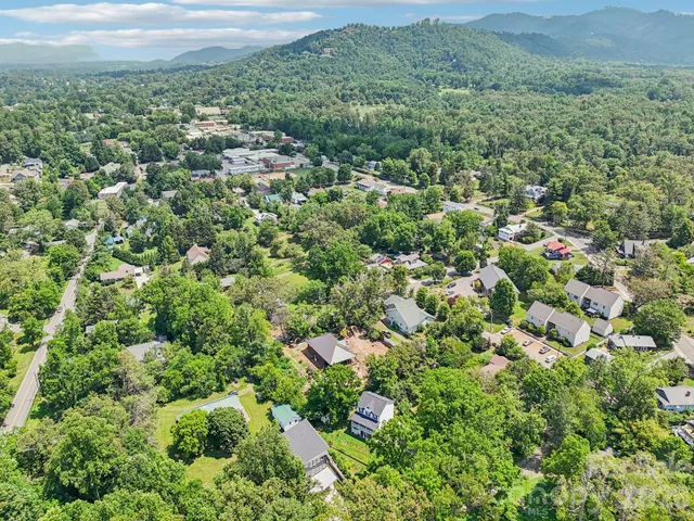 an aerial view of residential houses with outdoor space and trees