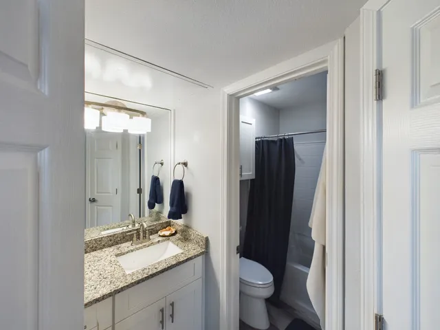 a bathroom with a granite countertop sink toilet and shower