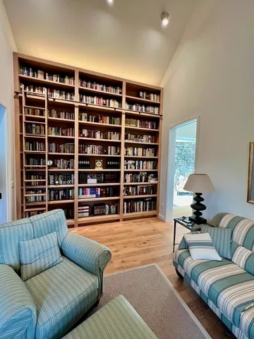 a living room with furniture and a book shelf