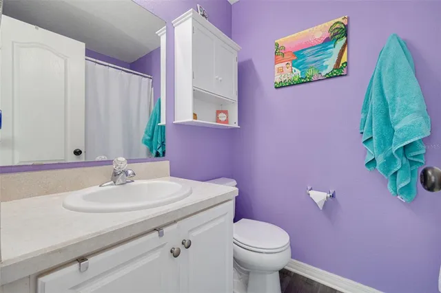 a bathroom with a sink mirror and toilet