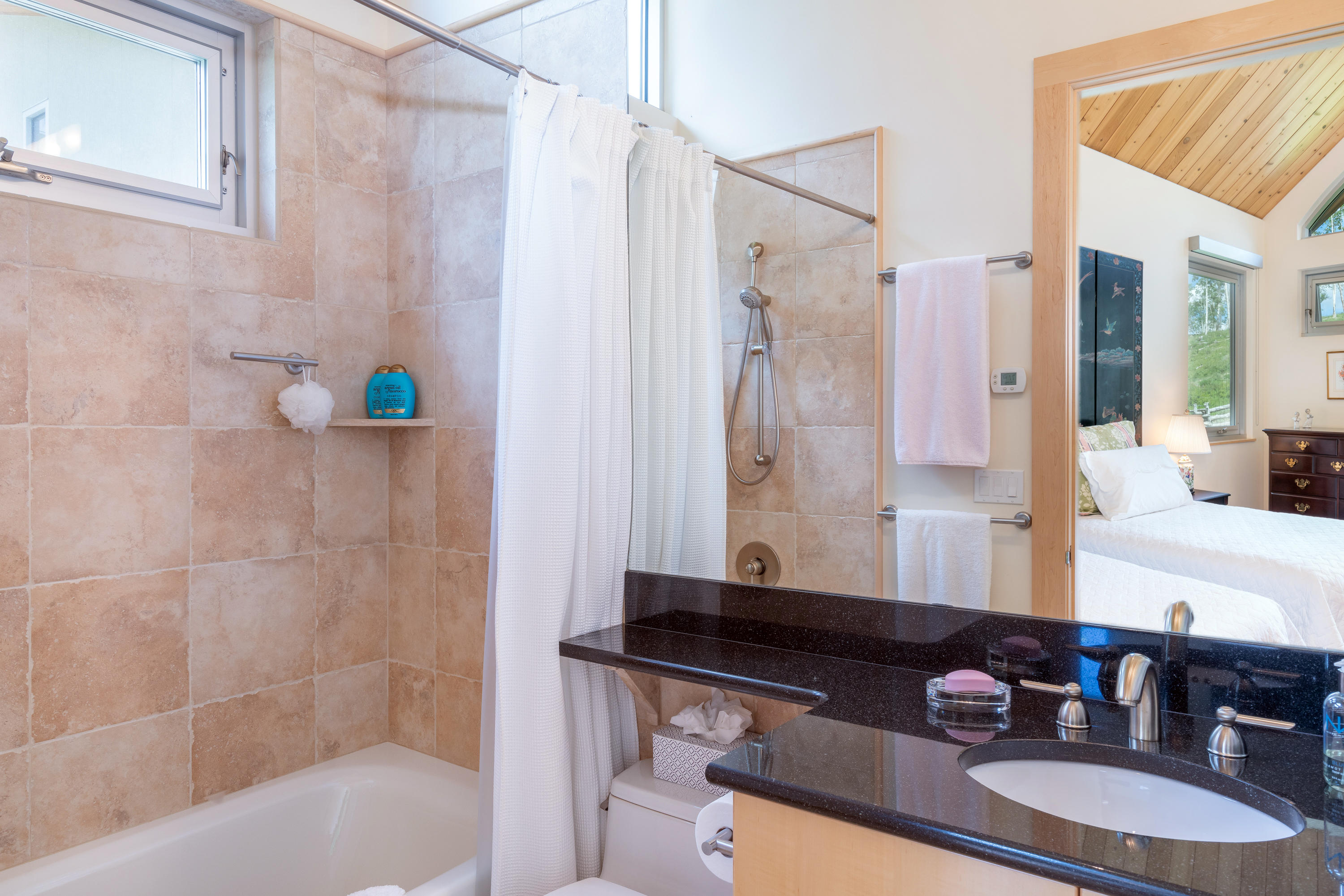 1804 Ranch Road Placerville, CO 81430 - Photo 32 of 52 a bathroom with a granite countertop sink a mirror a bathtub and a shower