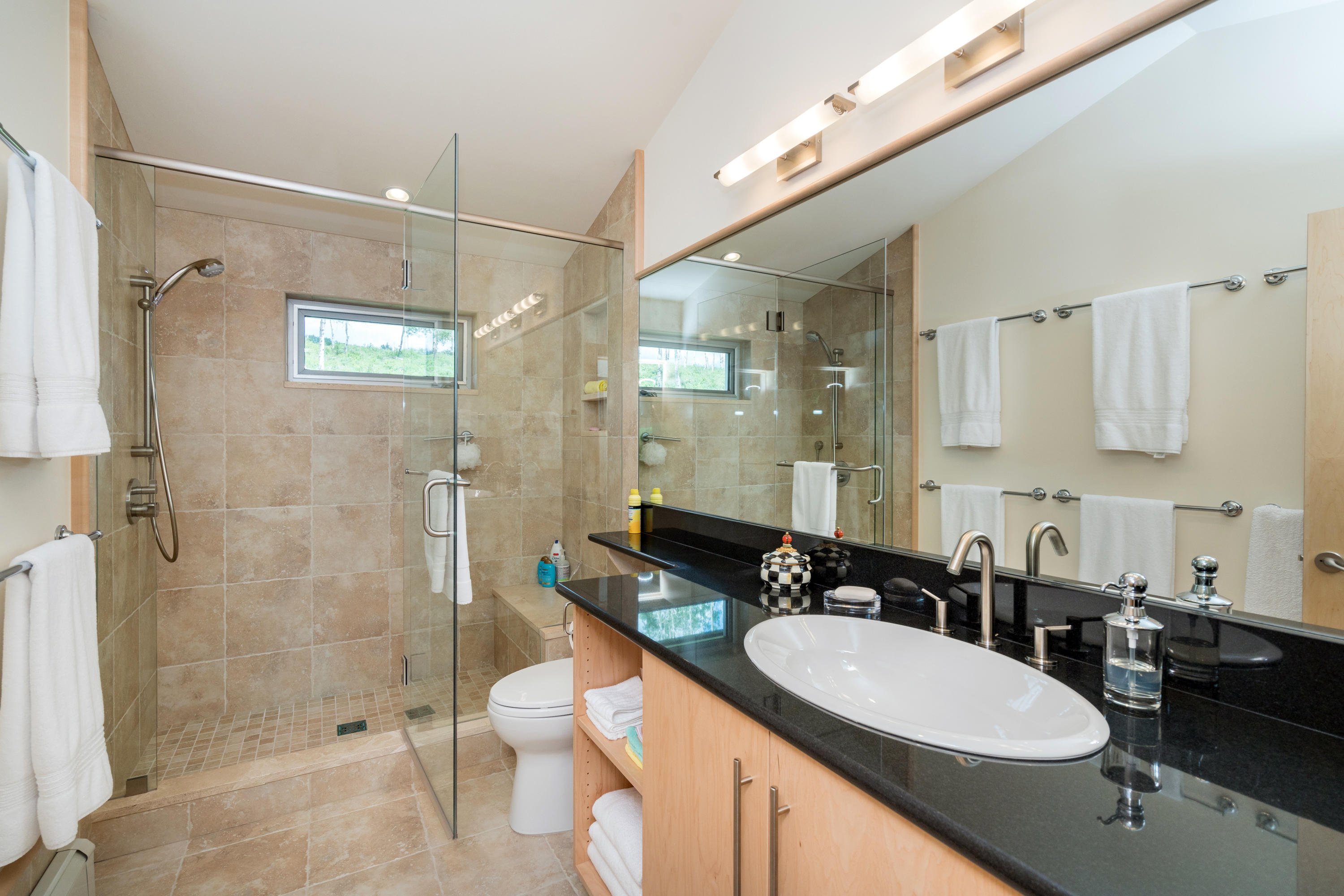 1804 Ranch Road Placerville, CO 81430 - Photo 34 of 52 a bathroom with a double vanity sink toilet mirror and shower