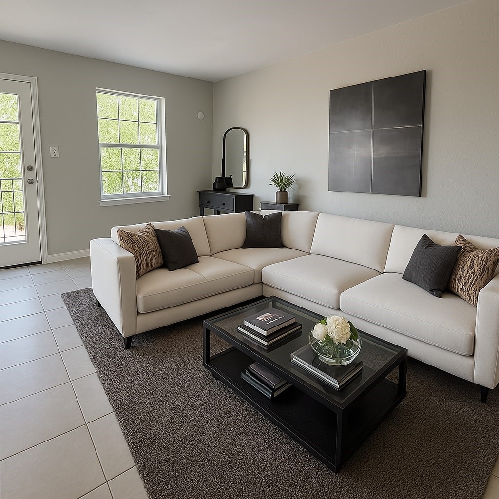 Comfortable living area with large windows, modern furniture, and plenty of space to relax.