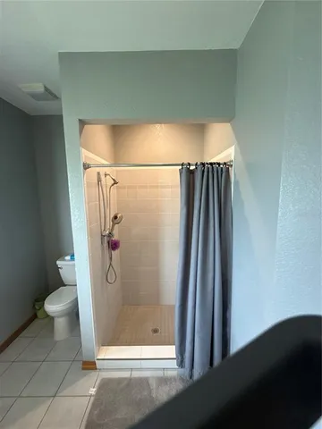 a bathroom with a shower and toilet