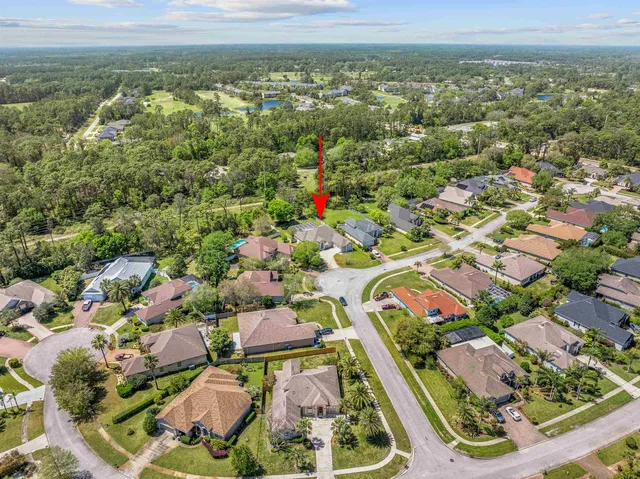 an aerial view of residential houses with outdoor space and trees