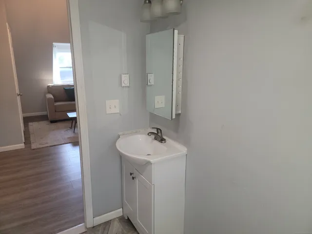 a bathroom with a sink and a mirror