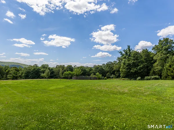 a view of a big yard with an empty space and a lake view