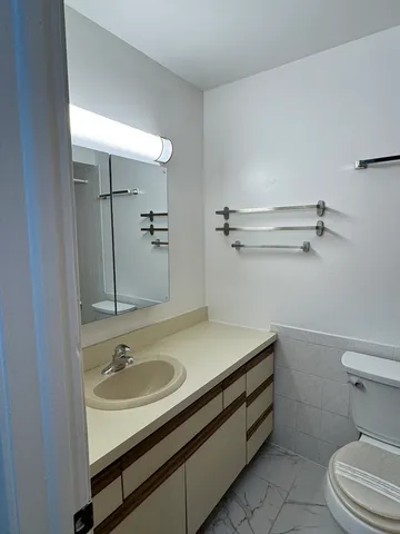 a bathroom with a sink a toilet and a mirror