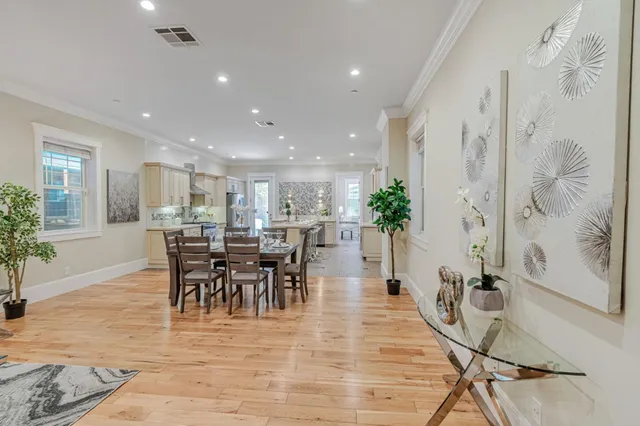 a view of a dining room with furniture