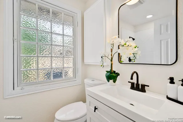 a bathroom with a sink a toilet and a mirror