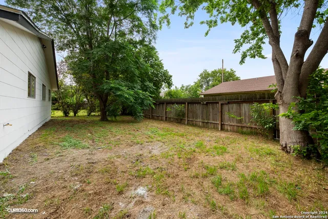 a view of a yard with plants and a bench