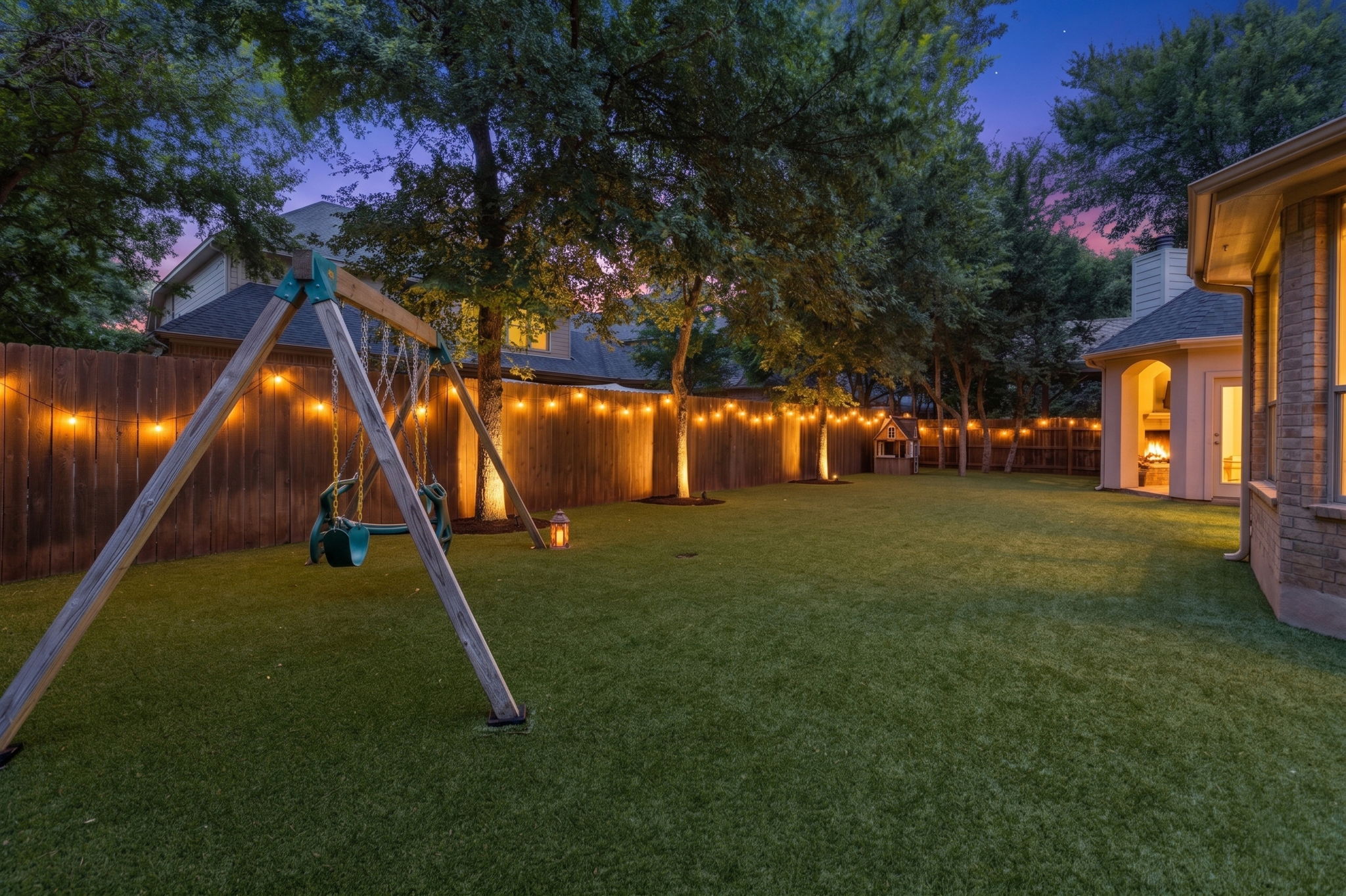 1124 Castle Path Round Rock, TX 78681 - Photo 40 of 40 An inviting backyard oasis offers a lush lawn, string lights, and an outdoor fireplace, perfect for evening gatherings.