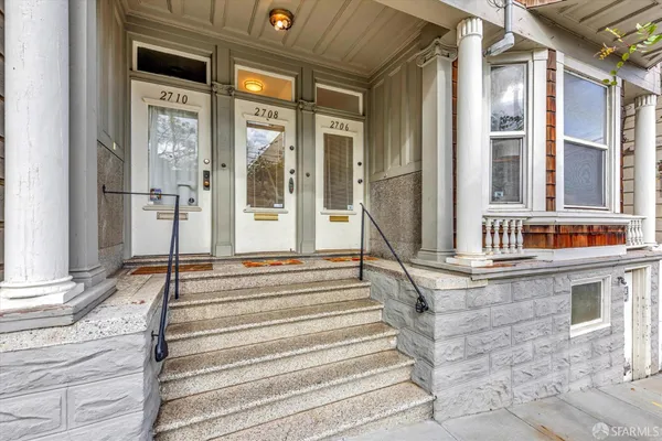 a view of a lobby with a door