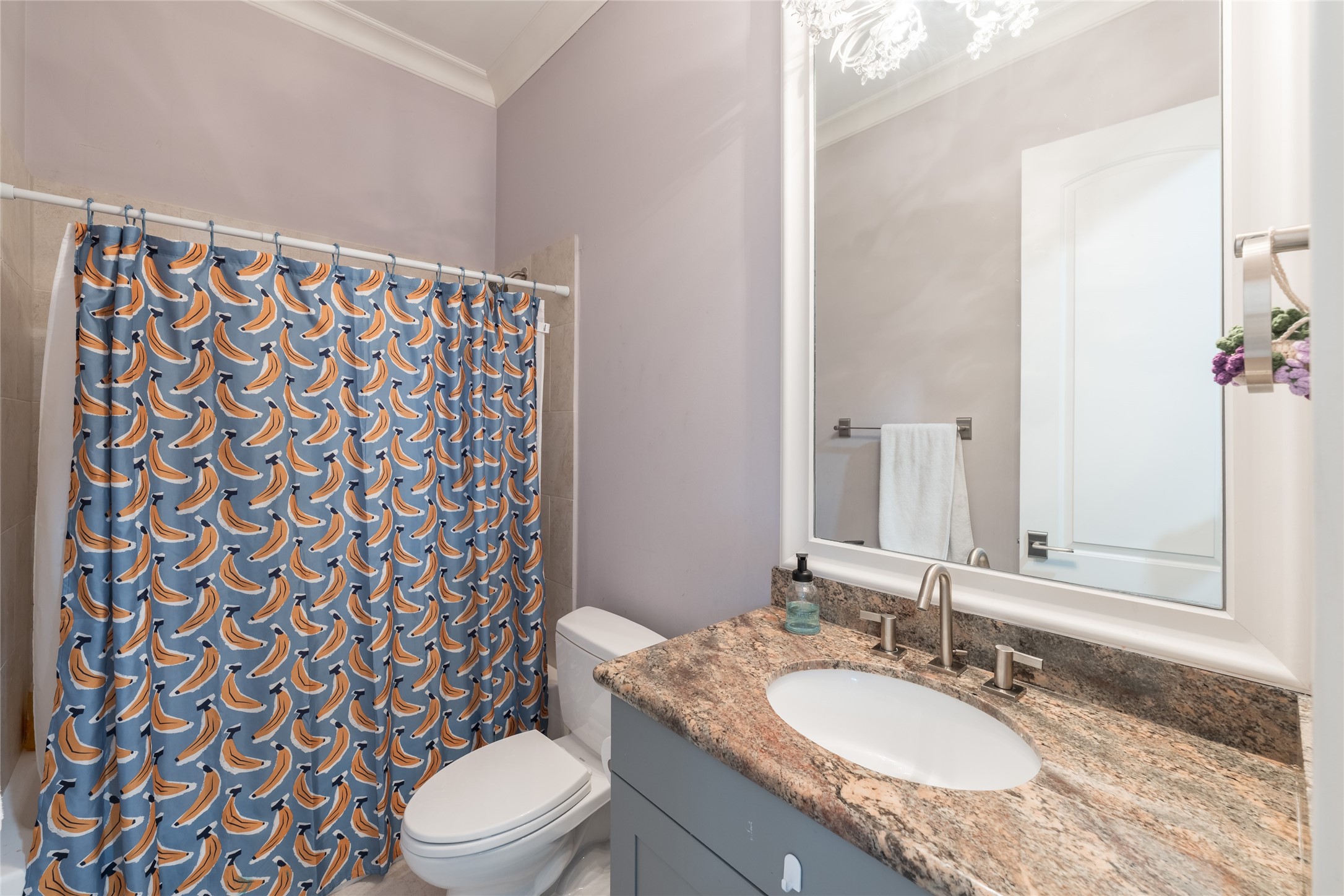 1944 Portsmouth Street Houston, TX 77098 - Photo 26 of 36 a bathroom with a granite countertop sink toilet a mirror and shower curtain
