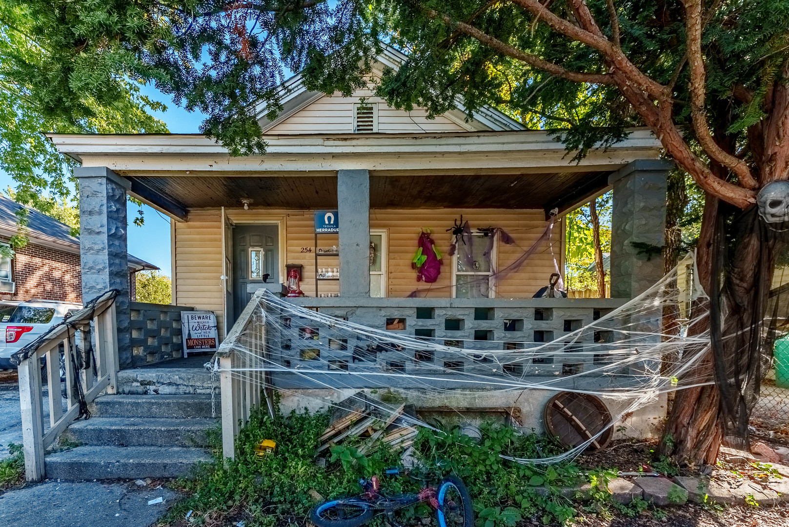 front view of a house with a tree
