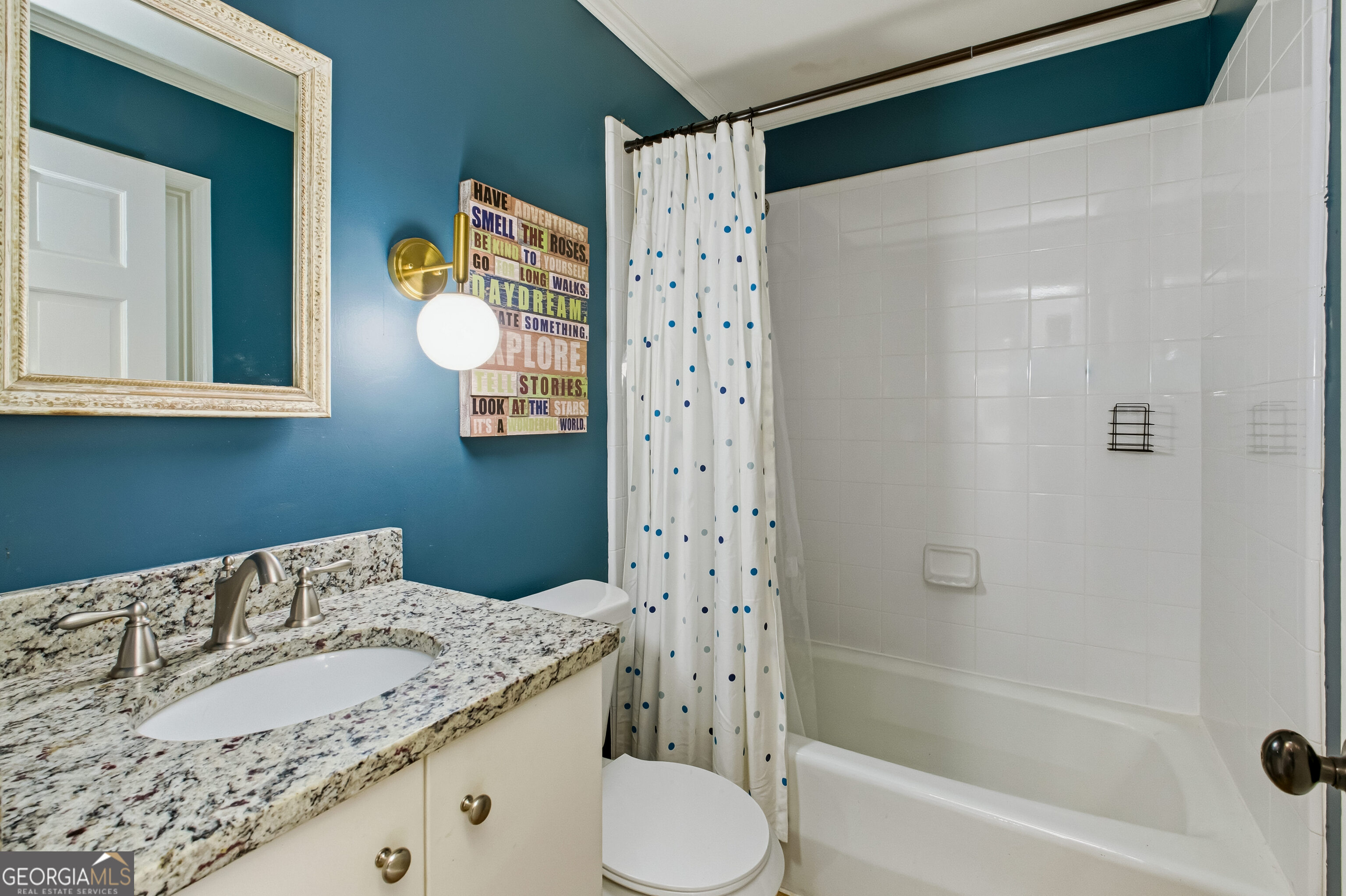 3302 Hickory Point Gainesville, GA 30506 - Photo 31 of 73 a bathroom with a granite countertop sink toilet and shower