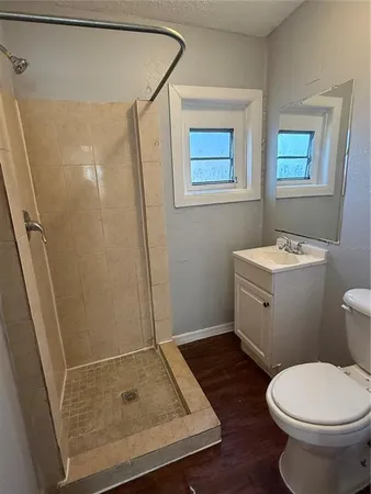 a bathroom with a sink a toilet a shower and a mirror