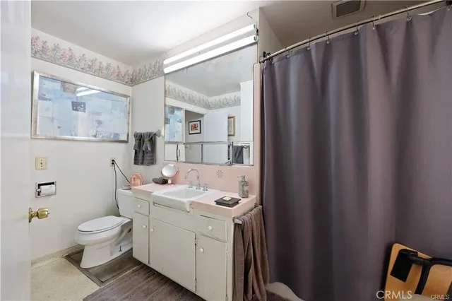 a bathroom with a sink a toilet and shower curtain