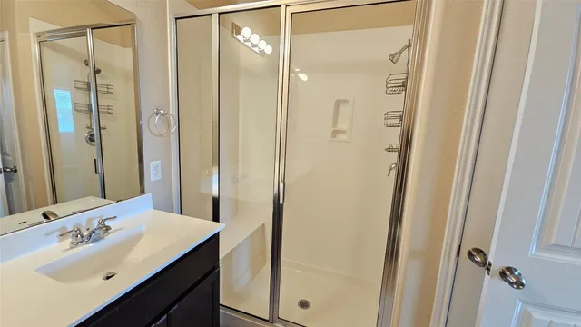a bathroom with a sink a mirror and a shower