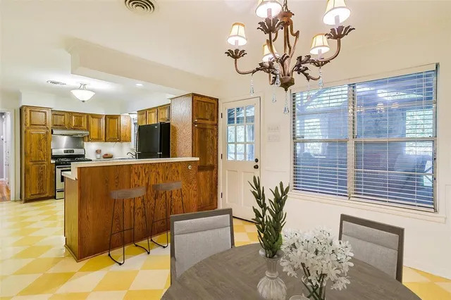 a view of a kitchen with kitchen island stainless steel appliances refrigerator sink and dining table