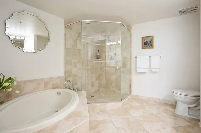 a bathroom with a bathtub and a shower