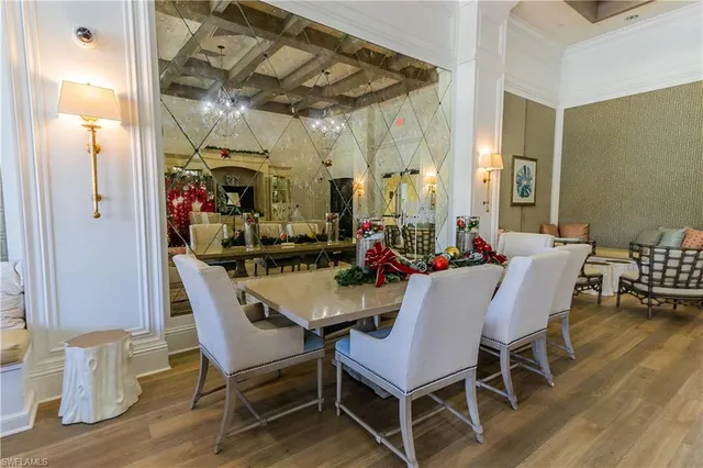 a view of a dining room with furniture wooden floor and chandelier