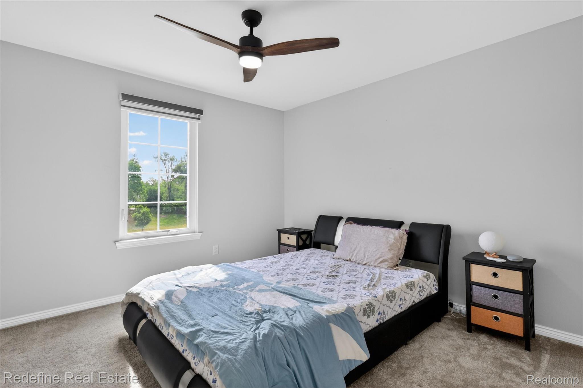 2976 Andlaur Drive Rochester, MI 48307 - Photo 34 of 60 Carpeted room featuring a ceiling fan with integrated lighting, a window with a roller blind, and light gray wall finishes