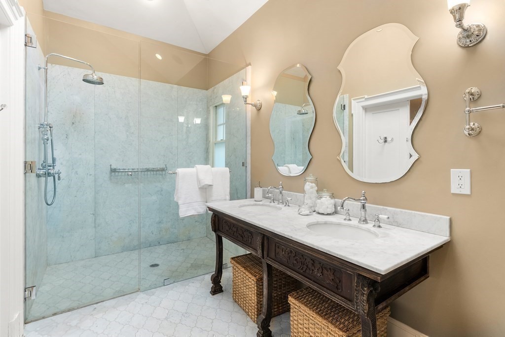 37 Colbourne Crescent Brookline, MA 02445 - Photo 23 of 29 a bathroom with a sink vanity granite tub and a mirror