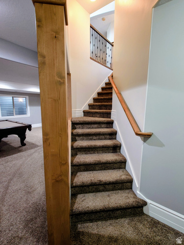 552 Sunset Crest Way Draper, UT 84020 - Photo 46 of 68 Stairs featuring carpet flooring and billiards