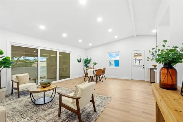 a living room with furniture a lamp and a potted plant