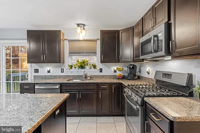 a kitchen with stainless steel appliances granite countertop a stove a sink and a microwave