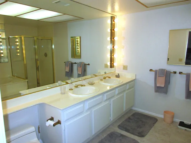 a bathroom with a sink double vanity and a shower