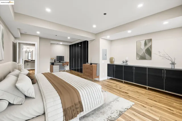 a bedroom with a bed and a walk in closet