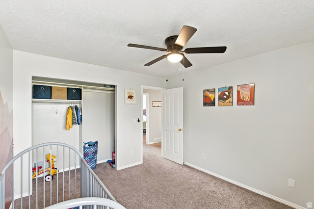 11882 Pond Ridge Drive Draper, UT 84020 - Photo 28 of 49 Neutral wall paint, carpeting, a ceiling fan with integrated lighting, a built-in closet with shelving and hanging rod, and a paneled interior door
