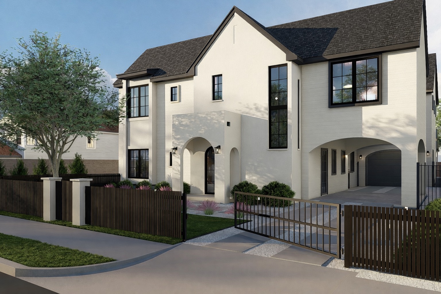 1309 Alguno Road, Unit 1 Austin, TX 78757 - Photo 1 of 33 Modern white stucco exterior with a dark roof and black-framed windows
