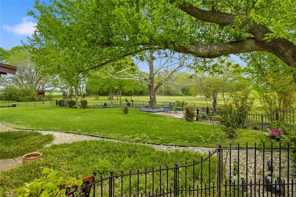 a view of a park with large trees