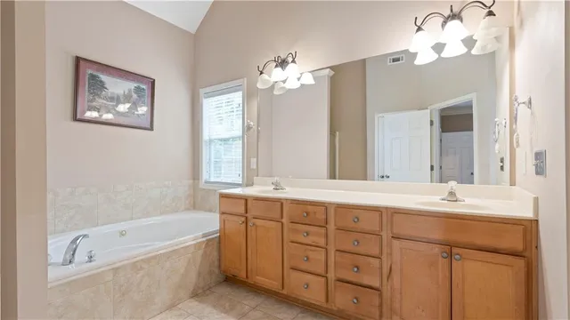 a bathroom with a tub a double vanity sink and a mirror